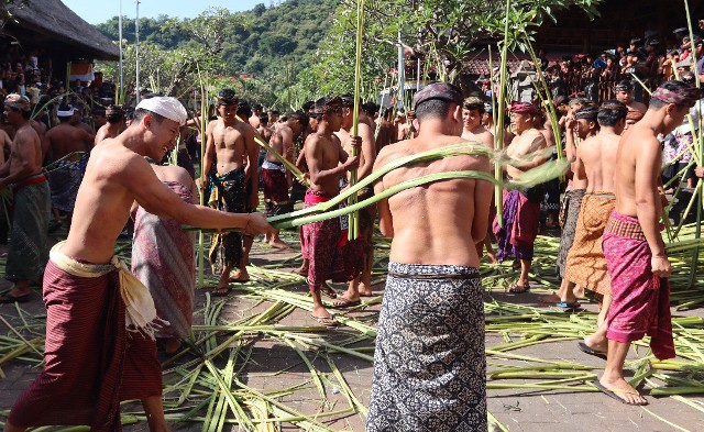 TATEBAHAN: Masyarakat Desa Adat Bugbug melaksanakan Aci Tatebahan di Pura Bale Agung, Desa Adat Bugbug, Karangasem, pada Jumat (15/4). (istimewa)