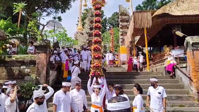 HEBAT: Pajegan setinggi 2,5 meter yang dibawa seorang wanita di Pura Samuantiga, Gianyar, ini mengundang banyak kekaguman masyarakat. (hery/bali express)