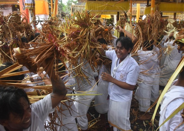 PERTANDINGAN : Suasana tradisi siat sampian di Pura Samuantiga, Desa Bedulu, Kecamatan Blahbatuh, Gianyar, Rabu (20/4). (AGUNG BAYU/BALI EXPRESS)