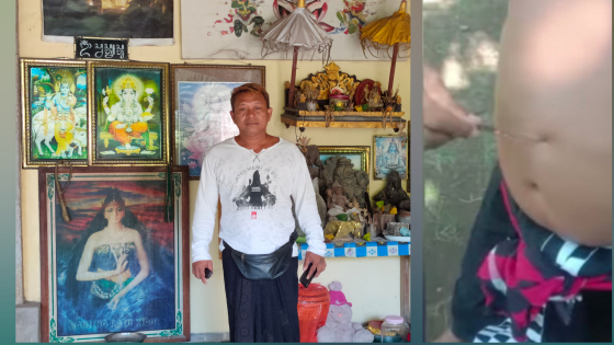 KEBAL : Gde Mustana alias Jro Gabur, sosok manusia kebal dari Celuk Buluh, Kalibukbuk. Saat taji menyayat perutnya tanpa menyisakan lecet (foto kanan). Dian Suryantini/Bali Express