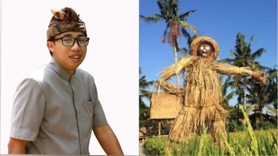 Ketua Aliansi Peduli Bahasa Bali, Nyoman Suka Ardiyasa dan Lelakut yang digunakan mengusir hama. Ist