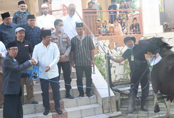 KURBAN: Bupati Bangli Sang Nyoman Sedana Arta (baju putih depan) menyerahkan sapi kurban, Minggu (10/7). Istimewa