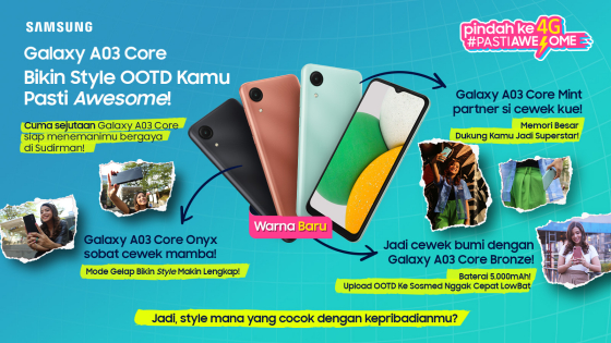 AWESOME :  Galaxy A03 Core punya desain warna trendy dan stylish. Smartphone sejutaan yang Pasti Awesome ini sekarang hadir dengan desain glossy dengan opsi warna Mint, Onyx, dan Bronze yang pastinya kekinian banget.