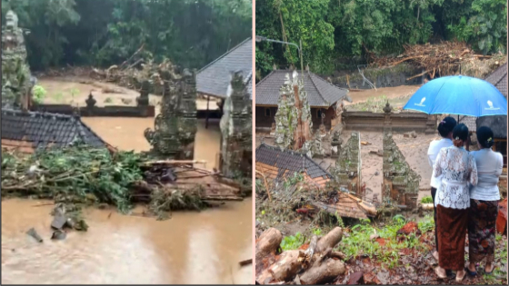 MANIK TOYA : Kondisi Pura Manik Toya di Desa Blayu, Marga, Tabanan saat terendam banjir (kiri) dan setelah diamuk luapan air Tukad Yeh Sungi, Senin, 17 Oktober 2022. Ist