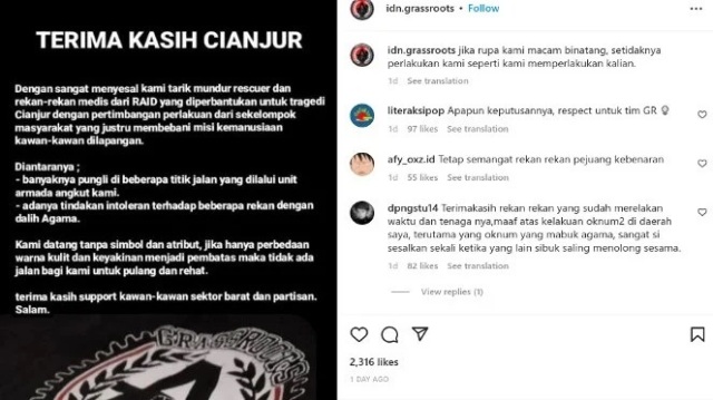 RELAWAN MUNDUR: Unggahan salah satu kelompok yang menyatakan mundur sebagai relawan gempa Cianjur.