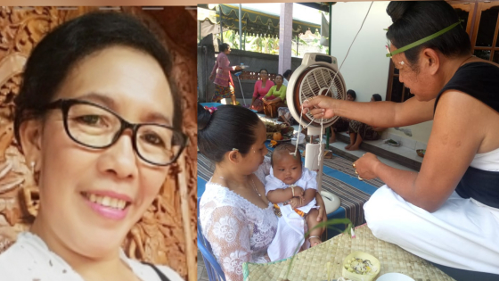 BAJANG COLONG : Bayi saat mengikuti salah satu rangkaian upacara Bajang Colong.Dosen Upakara STAHN Mpu Kuturan, Wayan Murniti. Ist