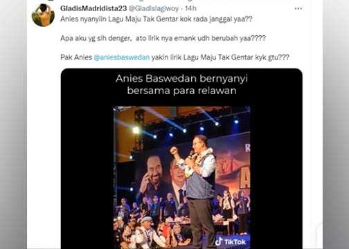 BERNYANYI: Tangkapan layar video Anies menyanyikan lagu Maju Tak Gentar.