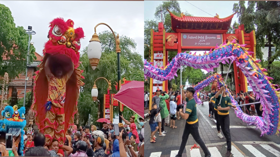 FESTIVAL IMLEK : Parade kesenian yang tersaji di Festival Imlek Bersama, Sabtu (28/1) di Kawasan Heritage Jalan Gajah Mada, Denpasar. Agung Bayu/Bali Express