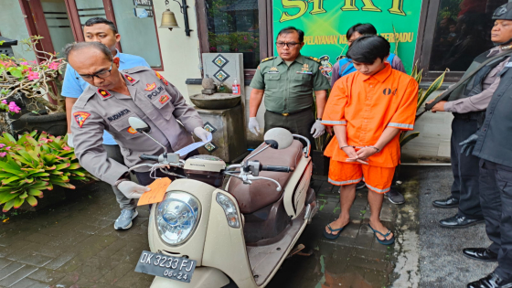 DIBEKUK: Narcisus saat menunjukkan barang bukti motor yang ia curi di Mapolsek Dentim. I Gede Paramasutha/Bali Express