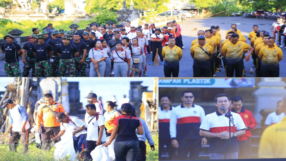 MARERESIK: Bupati Klungkung I Nyoman Suwirta memimpin pelaksanaan resik sampah plastik di areal wantilan dan parkir Pura Pantai Watu Klotok, Jumat (14/4). Ist