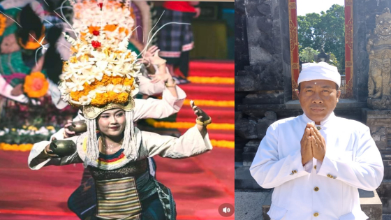 PAKAIAN : Pamangku Pura Puseh Desa Penestanan Jro Mangku Ketut Gede Kesumawijaya dan penari Rejang Penastan Dewa yang menggunakan pakaian khusus penuh makna. Dok Bali Express