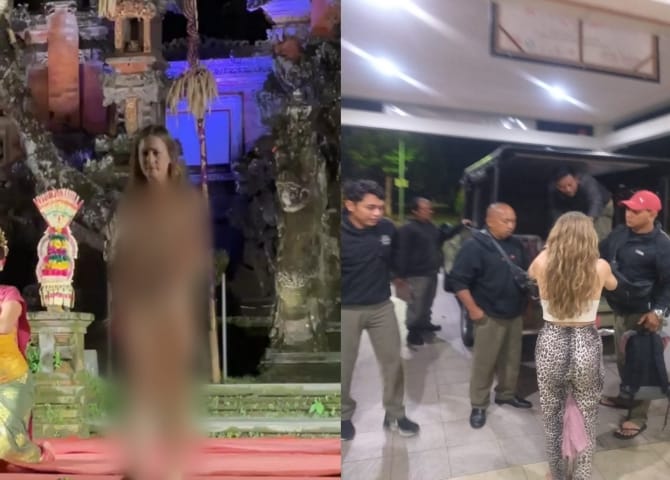 MENGEJUTKAN : (kiri) Tangkapan layar video seorang bule perempuan yang naik panggung saat pertunjukan tari berlangsung di Ubud. (kanan) Bule perempuan saat diamankan dan hendak dibawa ke RSJ Bangli oleh Satpol PP Gianyar. (ISTIMEWA)