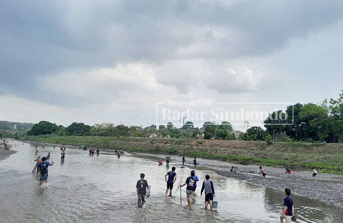 TRADISI TAHUNAN: Ratusan warga dari sejumlah Kabupaten berburu ikan di sepanjang sungai Sampean Baru Situbondo, kemarin (14/12).