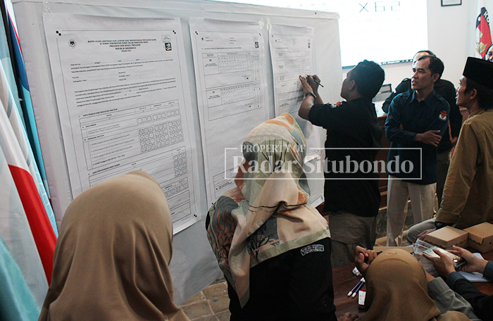 DITEMPEL: Petugas PPK-KPU melakukan simulasi penghitungan suara menggunakan formulir model c hasil di aula kantor KPU Situbondo, di wilayah Kelurahan Dawuhan, Kecamatan Kota, Rabu (27/12) kemarin.