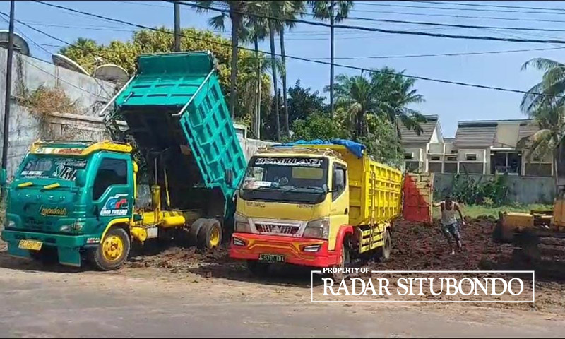 BONGKAR MUATAN: Dua truk menurunkan tanah disposal tol Probowangi, di pinggir Jl. Raya Pantura, Dusun Krajan, Desa/Kecamatan Banyuglugur, Selasa (5/3).