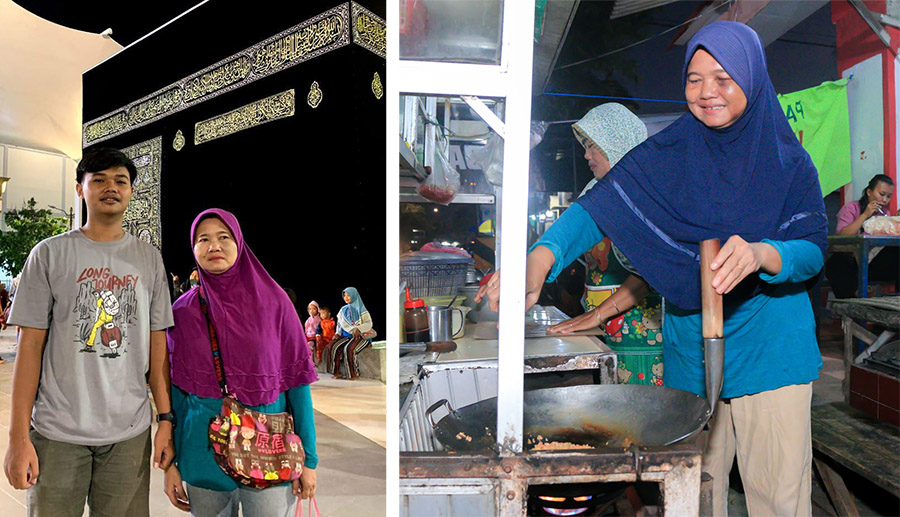 Havid Nur Yasin bersama sang ibu Siti Akmaliyah (kiri). Siti Akmaliyah sedang melayani pembeli nasi goreng utara Masjid Besar Al Muttaqin, Kebaman, Srono, Rabu (15/5) malam.
