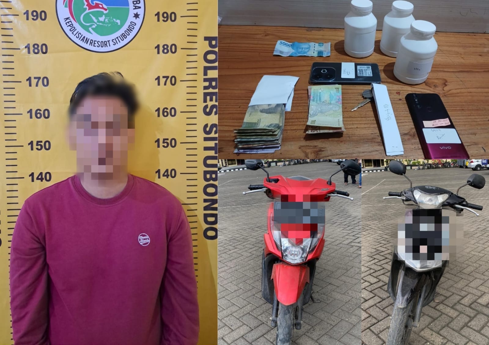 Pengedar pil koplo dan barang bukti yang diamankan. (Khoirul Rizal/RadarSitubondo.id)