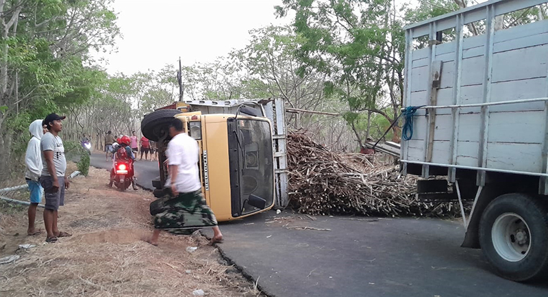 MENUTUP JALAN: Truk angkut tebu yang dikemudikan Tolak, 45, warga Desa Klampokan, Kecamatan Panji, guling di jalan Desa Juglangan, Kecamatan Panji, Senin lalu (2/7).