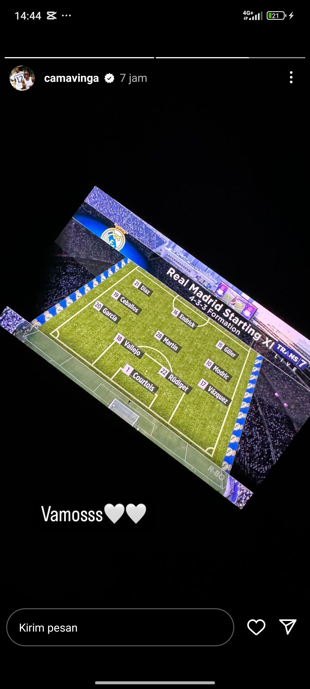 Tangkapan layar Instagram story Eduardo Camavinga