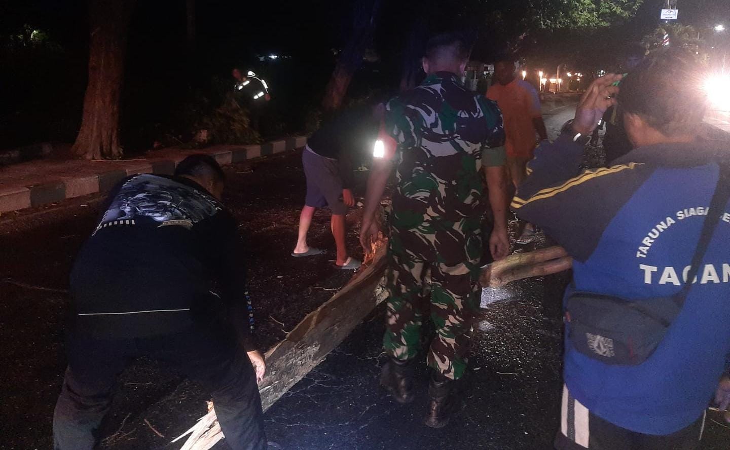 TUTUP JALAN:Tim BPBD Situbondo memotong kayu angsana di Jalan Pantura Sudirman, Kelurahan Patokan, Kecamatan/Kota Situbondo, Minggu malam (18/8) pukul 19.15.