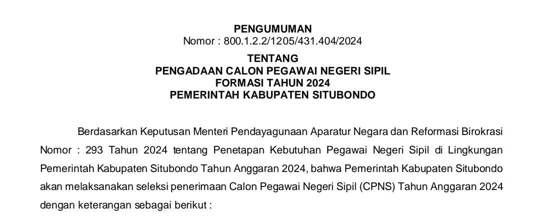 Pengumuman CPNS Situbondo. (doc BKPSDM)
