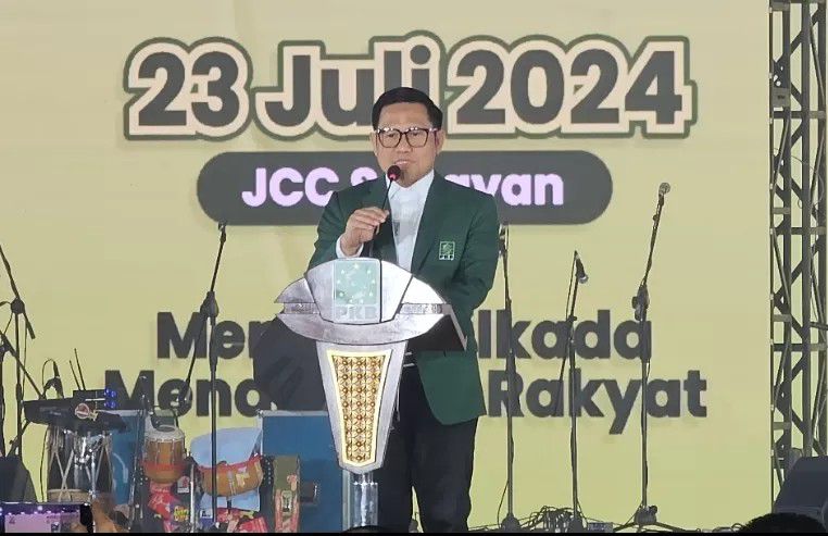 Ketua Umum PKB Muhaimin Iskandar alias Cak Imin saat menyampaikan pidato politik pada acara puncak Hari Lahir (Harlah) ke-26 PKB di Jakarta Convention Center (JCC), Senayan.