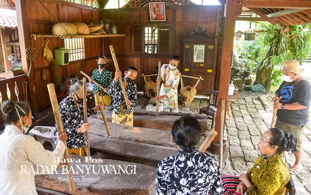 Warga senior suku Osing bermain Gejog Lesung di Sanggar Genjah Arum Kemiren Banyuwangi