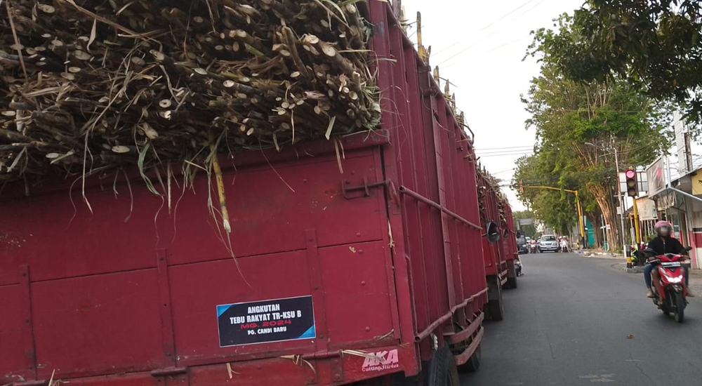 LAMPU MERAH PLN: Truk gandeng membawa tebu melintas di jalan Gunung Dieng, Desa Sumberkolak, Kecamatan Panarukan, Minggu (3/11).