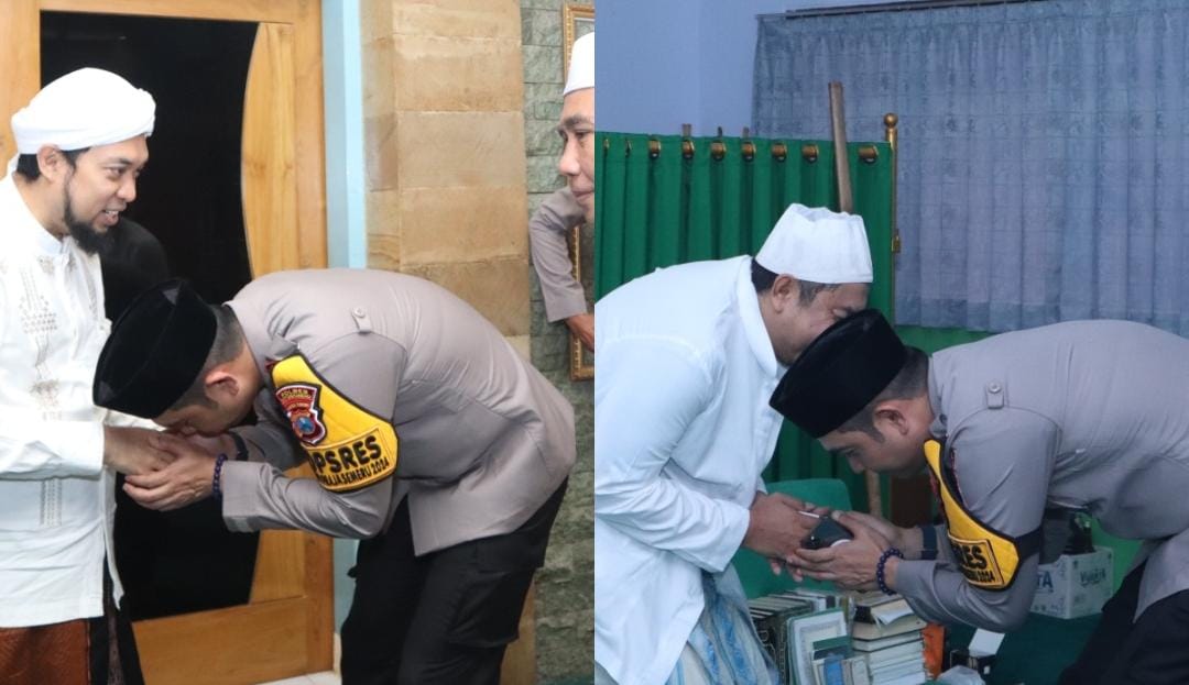 Kapolres Situbondo AKBP Rezi Dharmawan sungkem kepada KHR Azaim dan KHR Kholil. (Khoirul Rizal/RadarSitubondo.id)