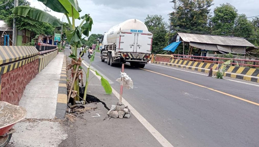Warga menanam pohon pisang pada jurang jembatan Jalan Nasional, Desa Curah Kalak, Kecamatan Jangkar, Minggu (12/1).