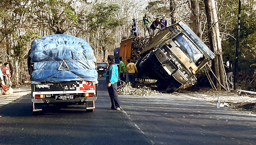 Kejadian truk logistik mengalami masalah di jalan nasional Hutan Baluran Situbondo.