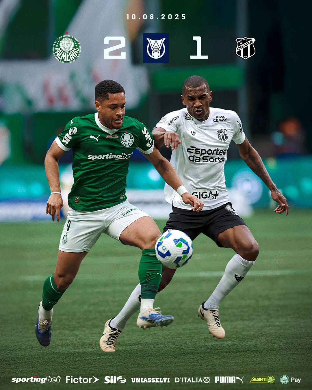Palmeiras tumbangkan Ceara dengan skor 2-1 di Serie A Brazil 2025 (11/8).