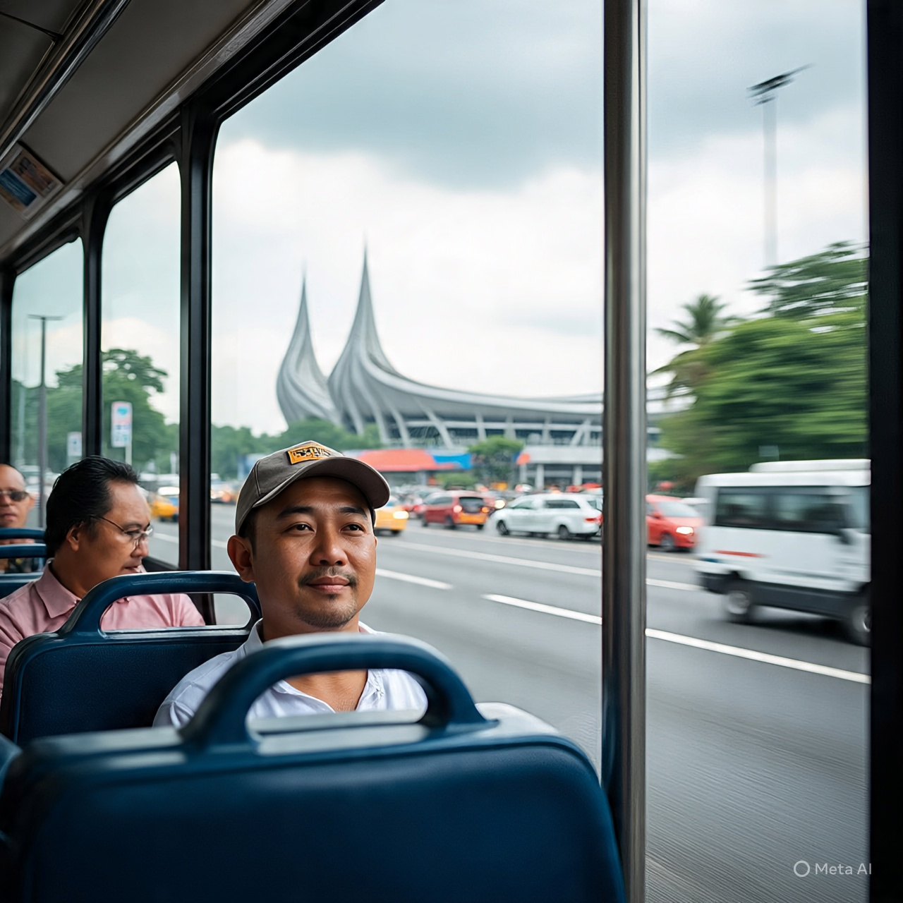 Seorang pria sedang menaiki bus untuk menuju stadion.