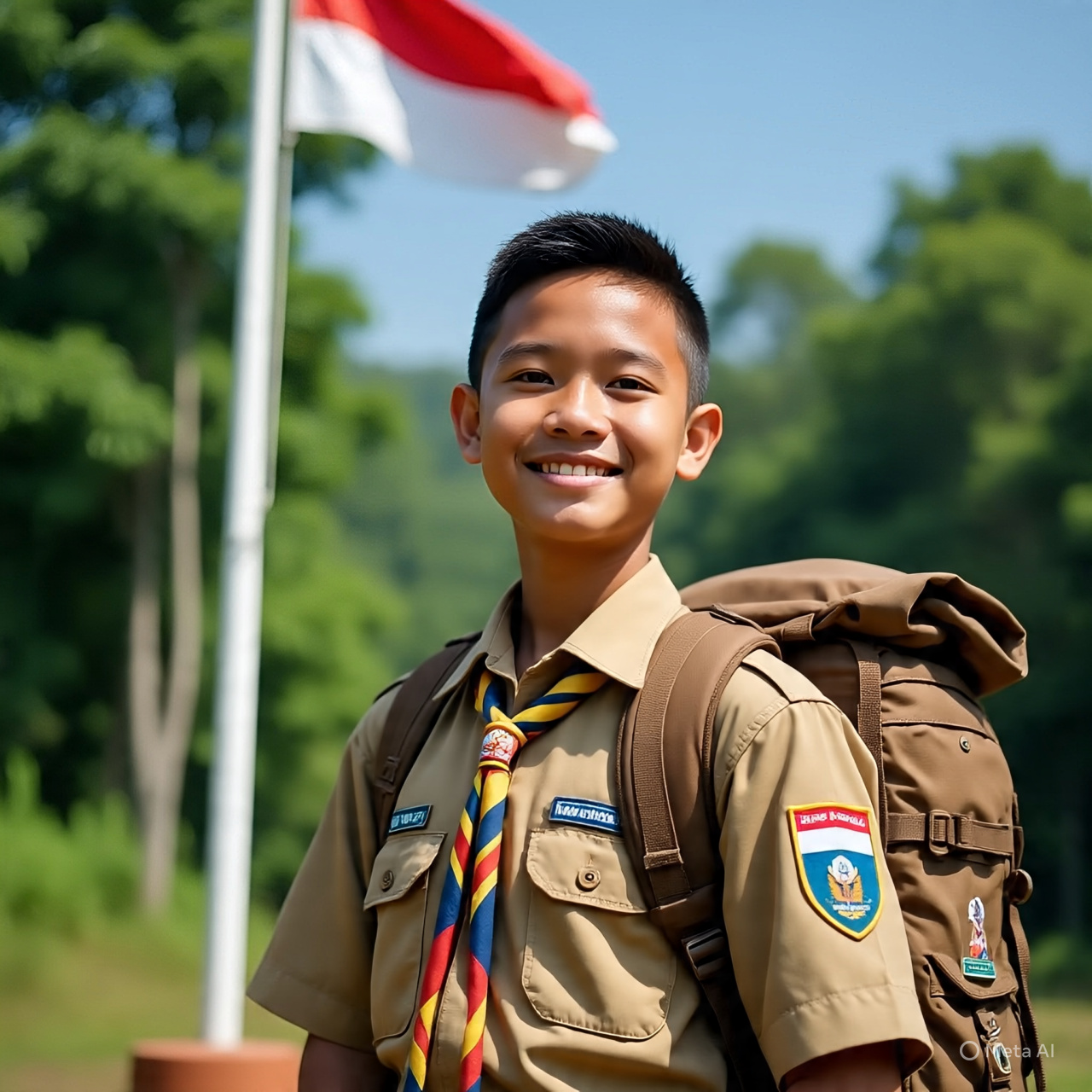 Seorang anak menggunakan baju Pramuka.
