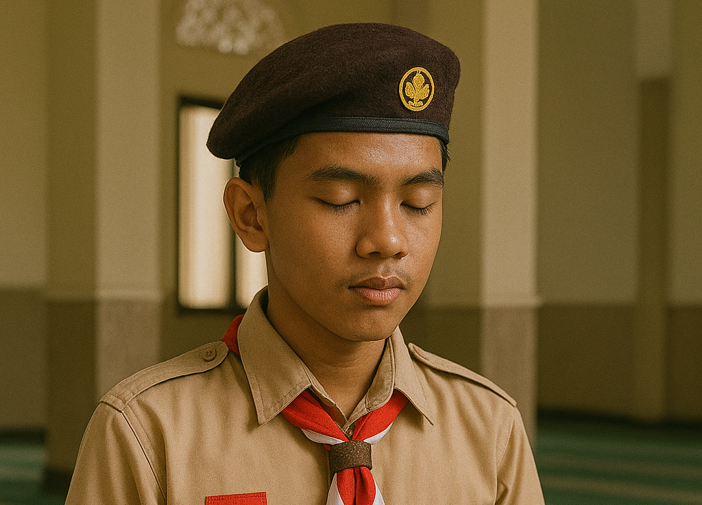 Seorang anak SMA sedang berdoa di dalam tempat ibadah.