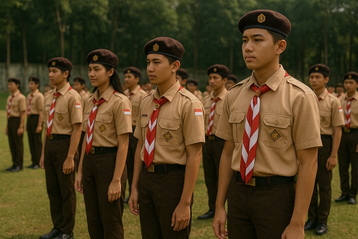 Sekelompok anak SMA berseragam Pramuka sedang berbaris di lapangan.