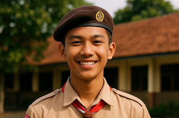 Seorang Anak SMA menggunakan seragam Pramuka.