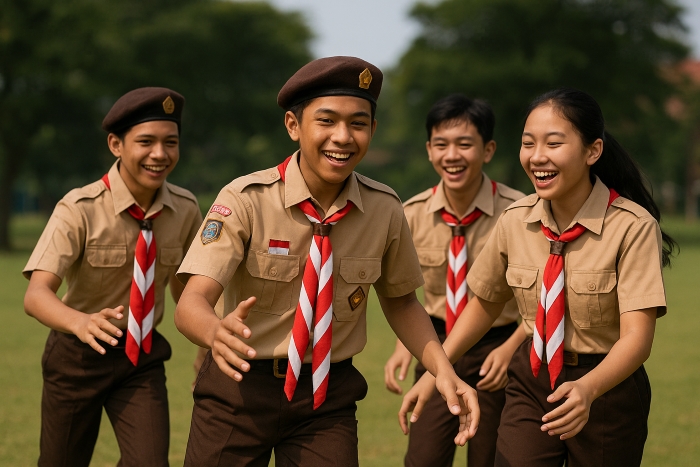 Sekumpulan anak SMA pramuka sedang bermain di lapangan.