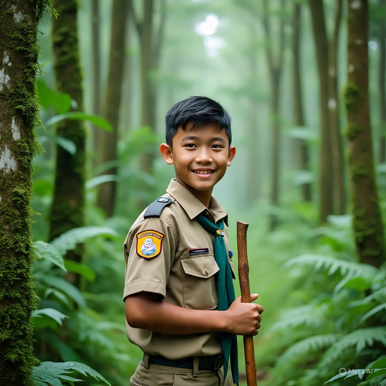 Seorang anak menggunakan baju Pramuka sedang berada di hutan.