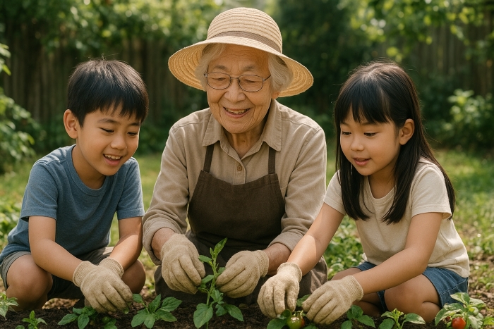 Seorang nenek berusia 100 tahun sedang berkebun dengan cucu cucunya.
