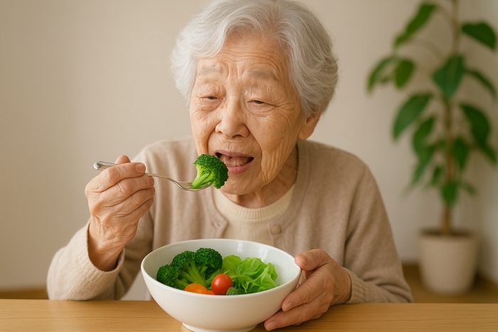 Seorang nenek burumur 100 tahun sedang memakan makanan sehat.