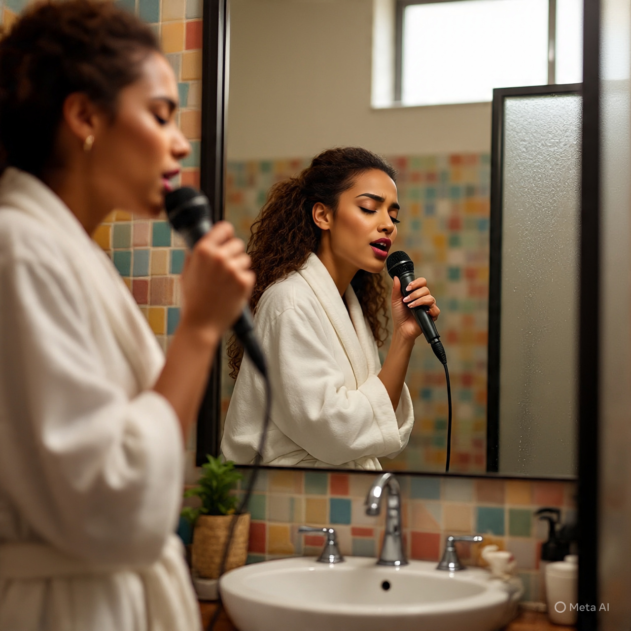 Seorang wanita sedang bernyanyi ketika mandi pagi.