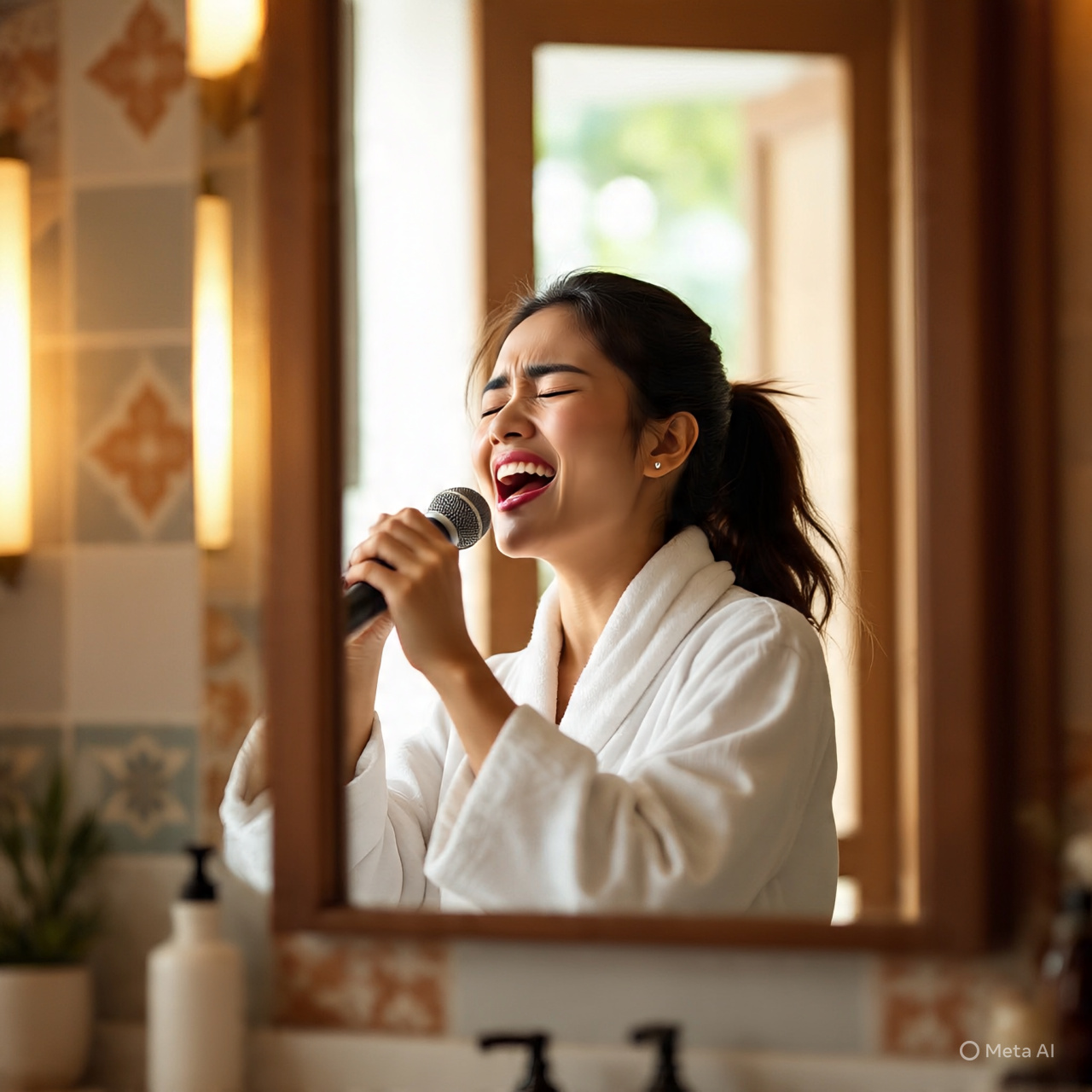 Seorang wanita sedang bernyanyi ketika mandi pagi.