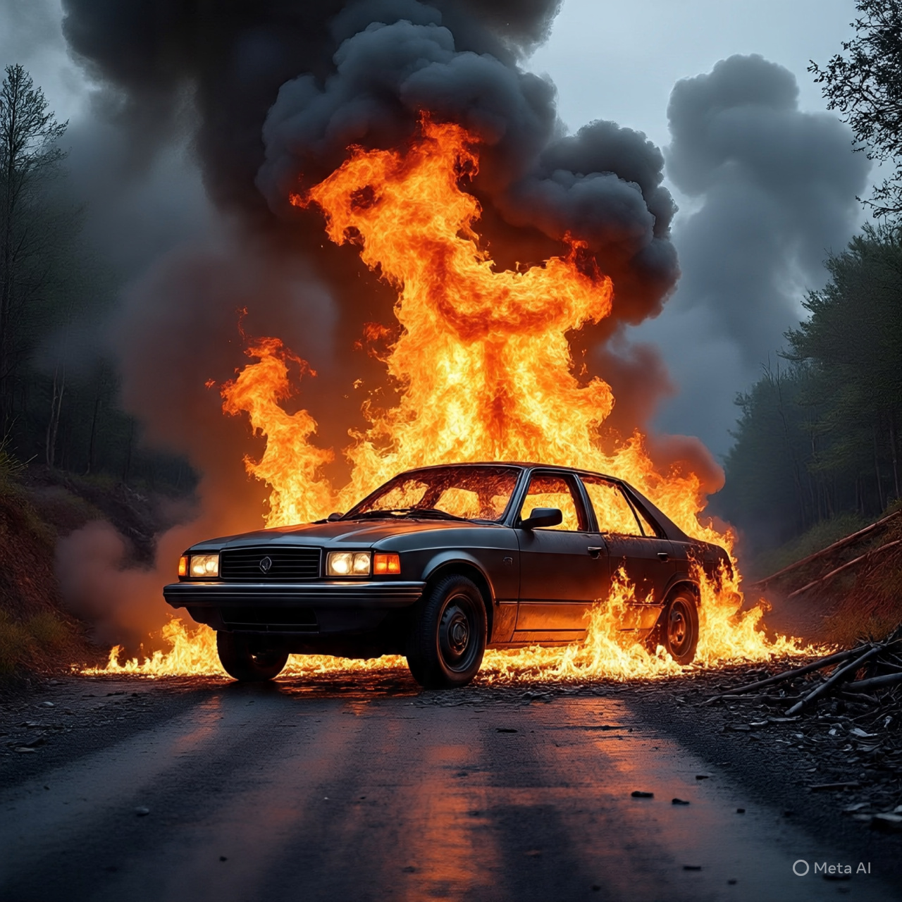 Sebuah mobil yang sedang terbakar.
