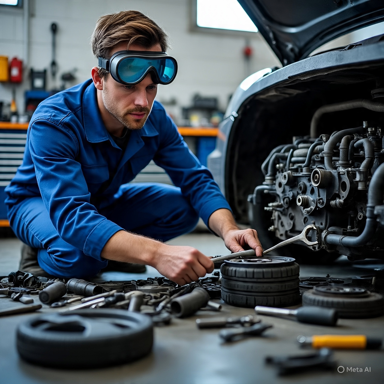 Seorang mekanik yang sedang memperbaiki mobil.