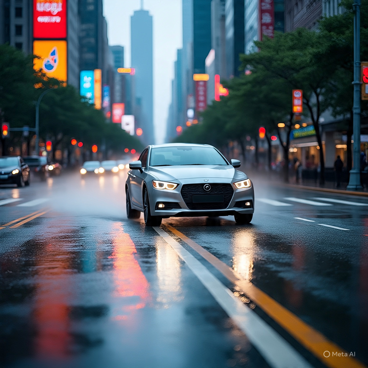 Sebuah mobil yang berjalan di tengah perkotaan.