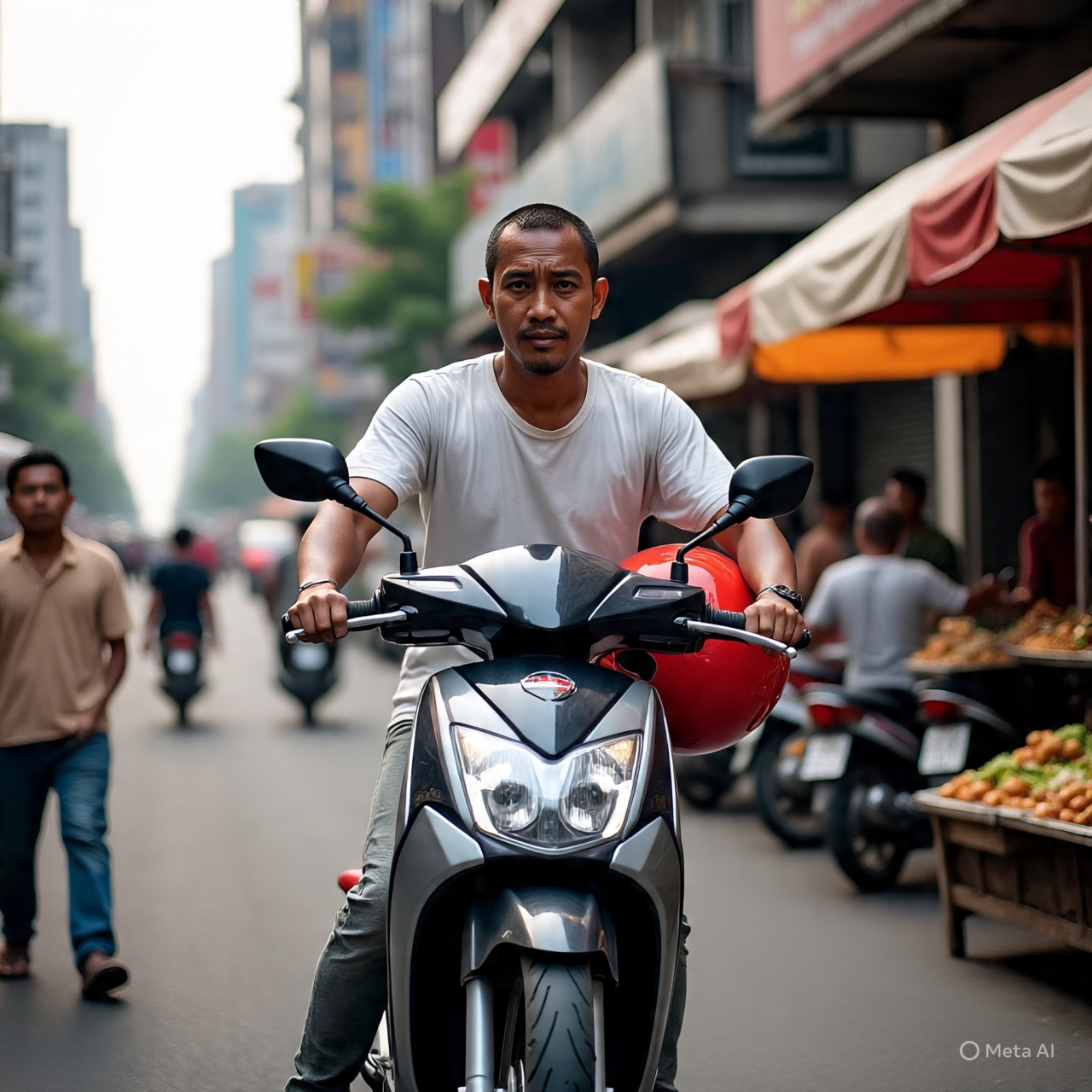 Seorang pria sedang mendorong motornya, karena mengalami aki soak.