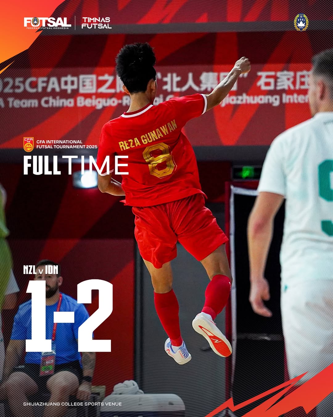 Selebrasi Reza Gunawan setelah berhasil menyamakan kedudukan atas New Zealand di CFA International Tournament 2025 (8/9).