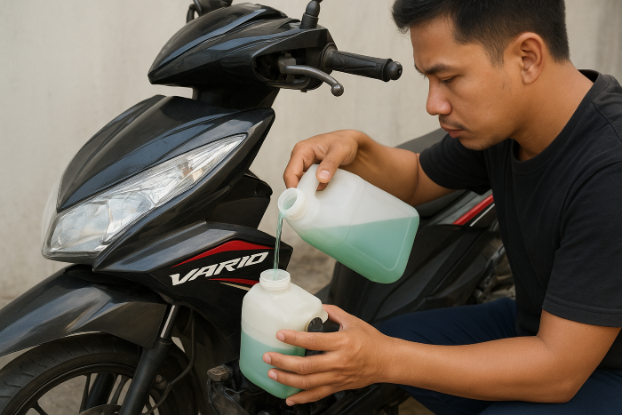 Seorang pria sedang mengisi air radiator pada motor Vario.