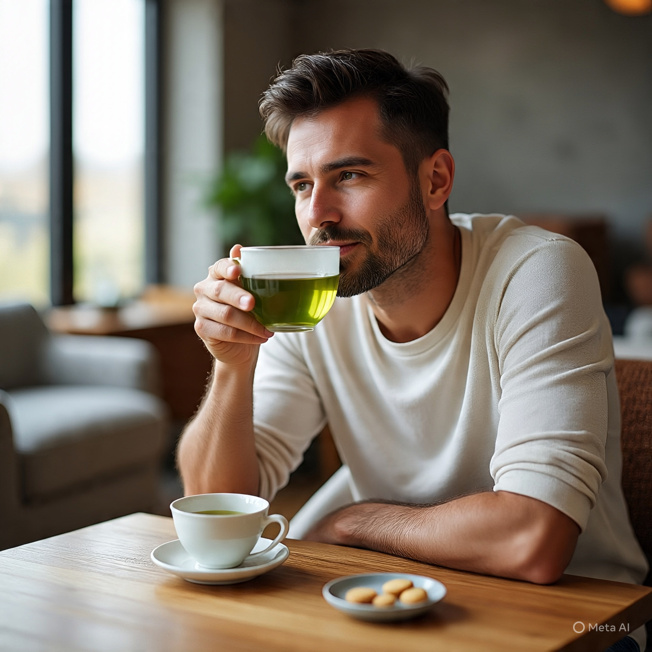 Seorang pria sedang meminum green tea.